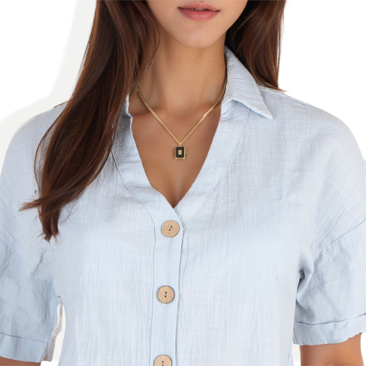 Women's Stainless Steel Necklace with 18K Gold Plated Pendant, Black Enamel Inlay, Clear Zircon Stone Accent, Adjustable Chain