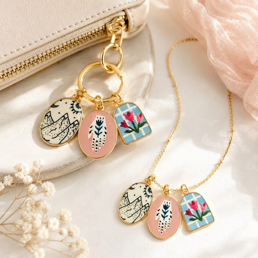 3pc Scenic Artwork Keychain Bag Charm Set with Gold Tone Trim for Bags and Keys