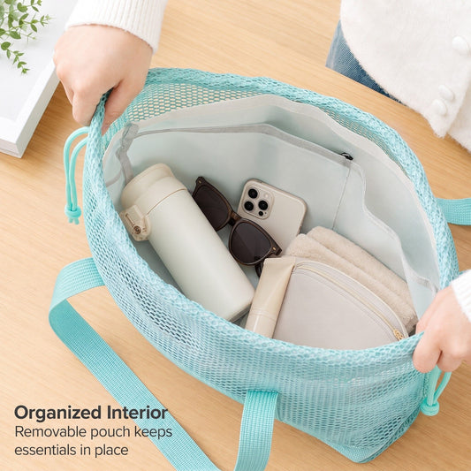 Mesh Drawstring Tote Bag with Carry Handles and Organizer Pouch