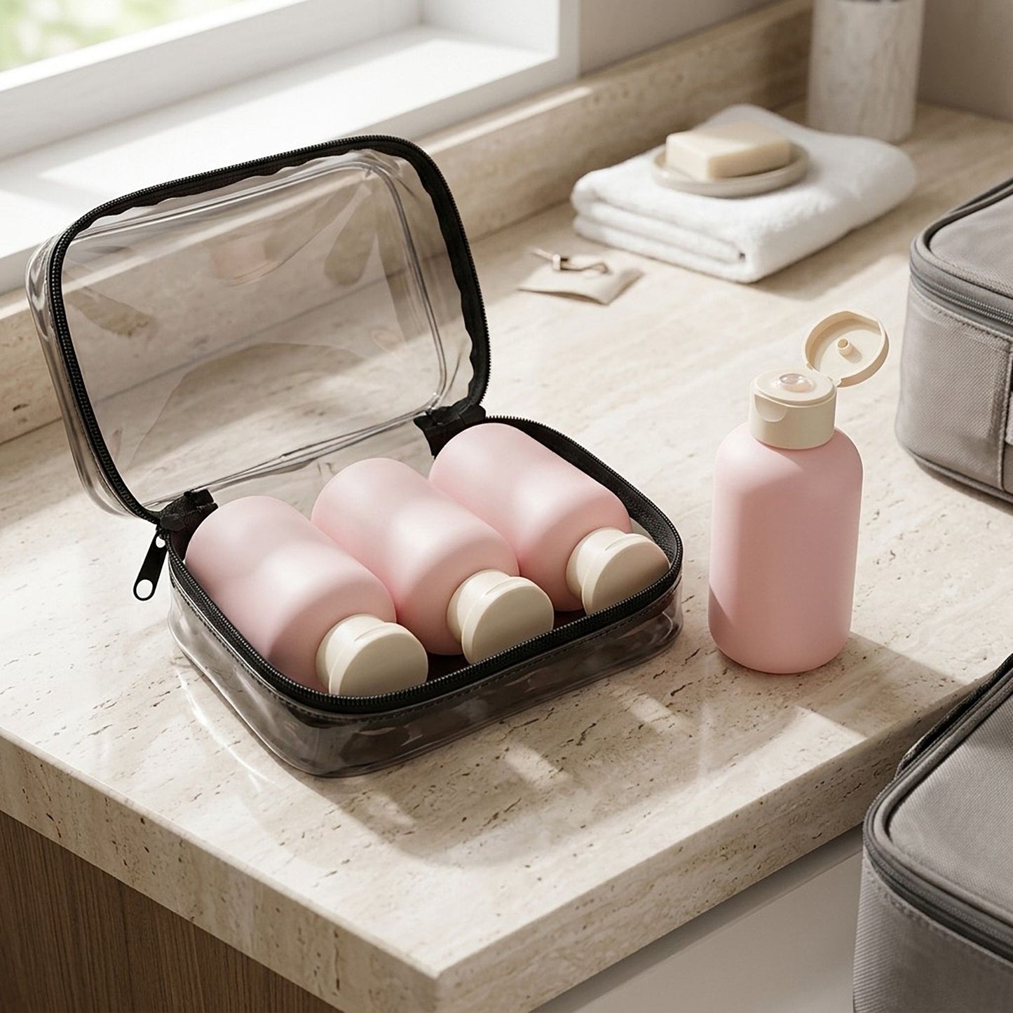 4 Piece Travel Toiletry Bottle Set with Zippered Pouch