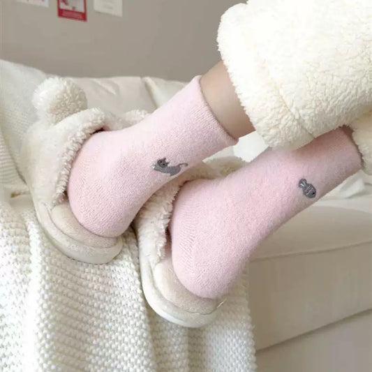 3-Pair Fuzzy Crew Sock Set with Cute Embroidery US 5¨C10