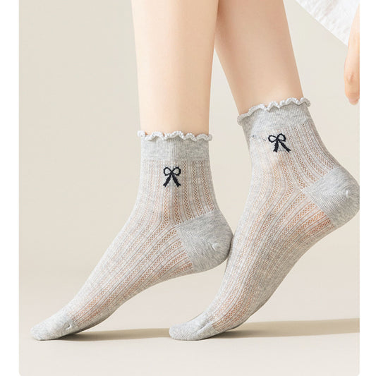 4-Pair Pack Sheer Ribbed Ankle Socks with Ruffled Trim and Embroidered Bow Detail in Multiple Color Combinations
