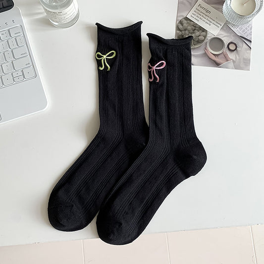 Adorable Bow-Embroidered Ribbed Ankle Socks 5Pk
