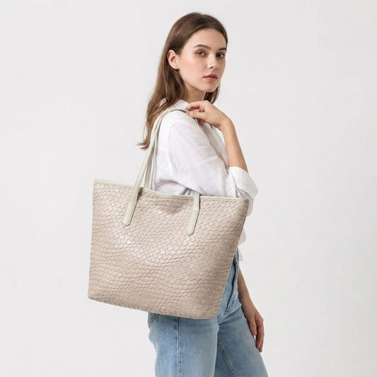 Woven Tote Bag Large Shoulder Handbag with Zipper Closure and Interior Pocket