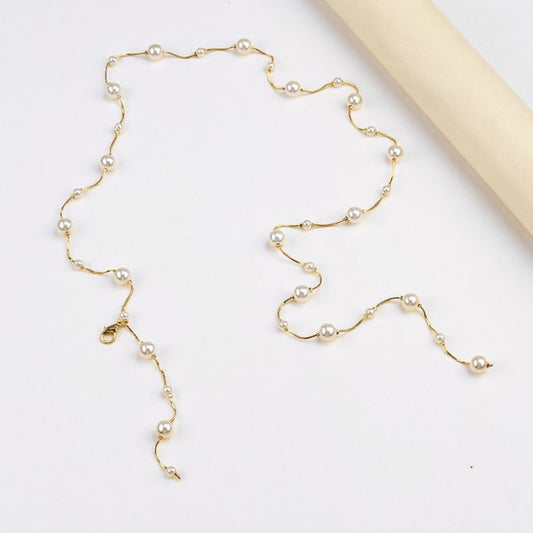 Faux Pearl Waist Chain Belt with Layered Drop Strand Detail 43.5in