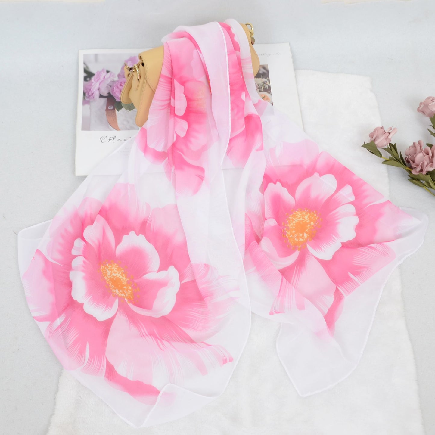 Floral Print Chiffon Scarf Lightweight Sheer Shawl Wraps Scarves for Women 19.69 x 63 inches