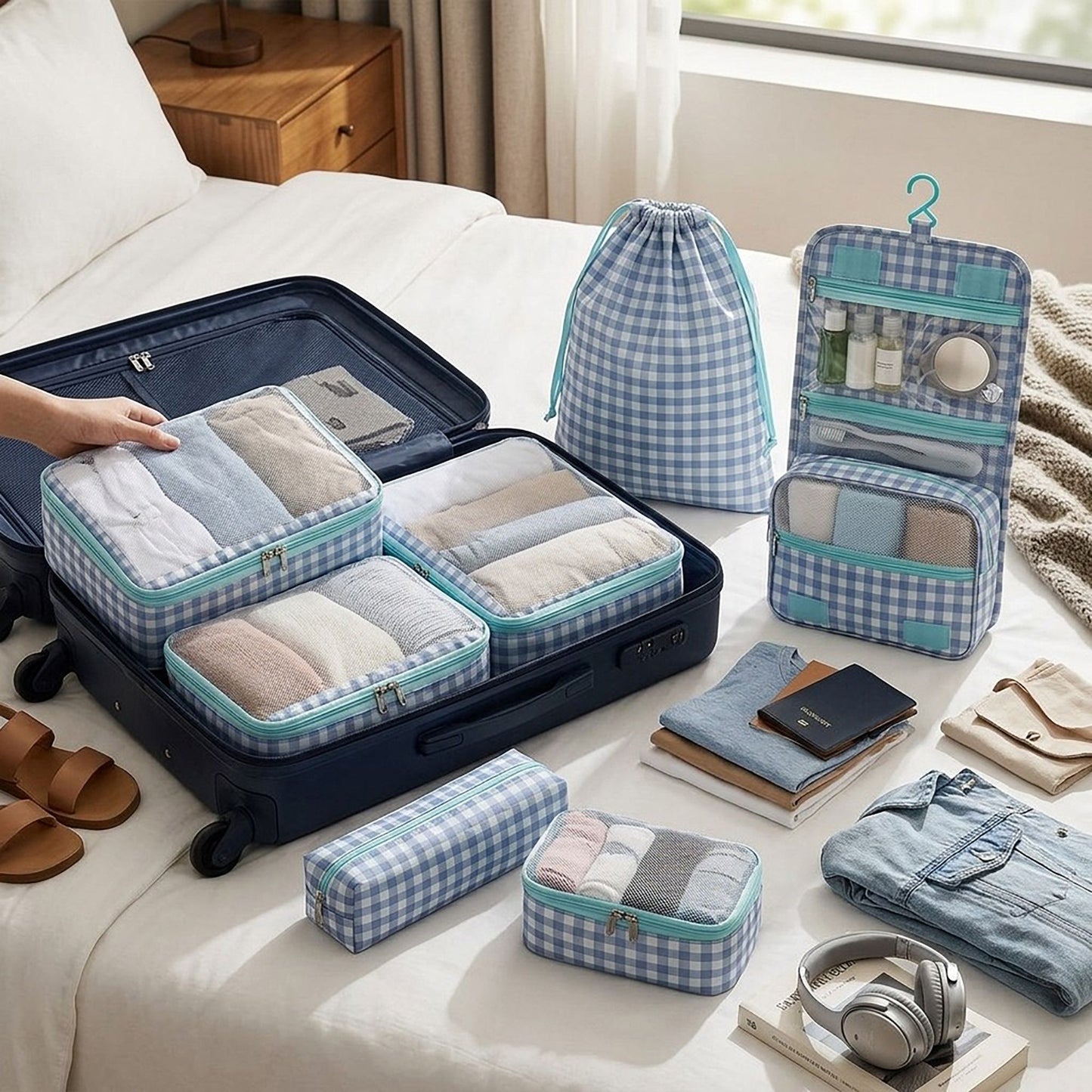 6 Piece Travel Packing Cube Set with Hanging Toiletry Bag