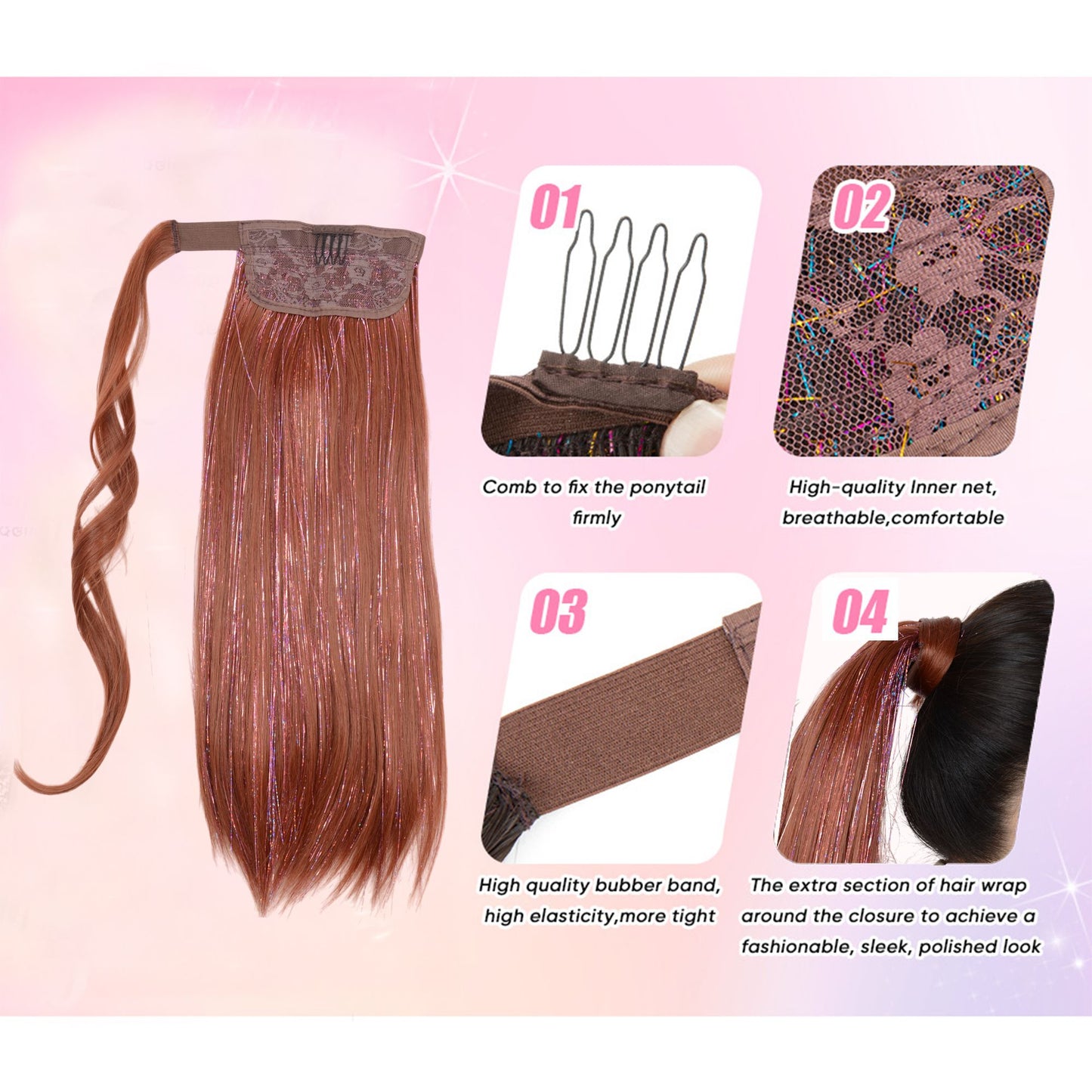 18-Inch Sparkling Straight Wrap Around Ponytail Extension with Shimmering Tinsel Strands for Special Event Glam