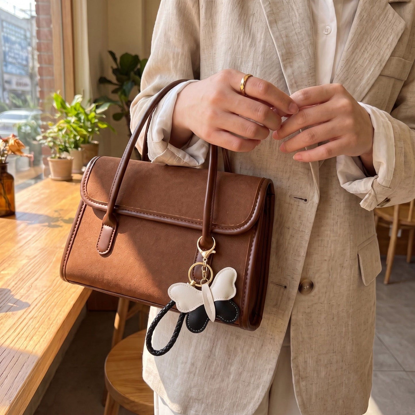 2-Piece Womens Faux Leather Bag Charm Keychain with Braided Wrist Strap and Gold Tone Ring
