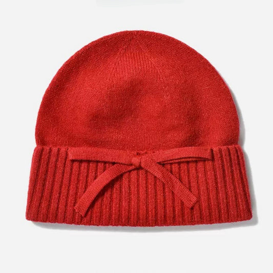 Soft Knit Cuffed Beanie Hat with Ribbed Foldover Hem and Delicate Bow Detail