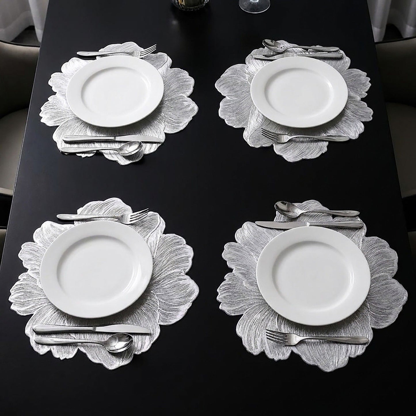 4-Pack Floral Round PVC Placemats Metallic Textured Heat Resistant Table Mats