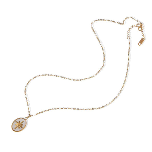 Women's Stainless Steel Necklace with 18K Gold Plated Starburst Pendant, Mother of Pearl Inlay, Adjustable Chain, Unique Design
