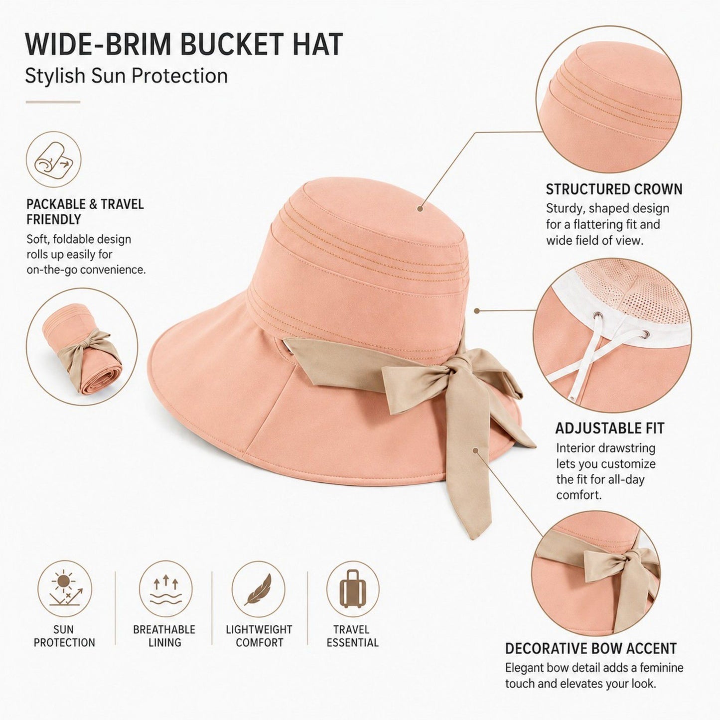 Wide Brim Sun Hat with Bow Accent Stitched Crown and Soft Structured Brim