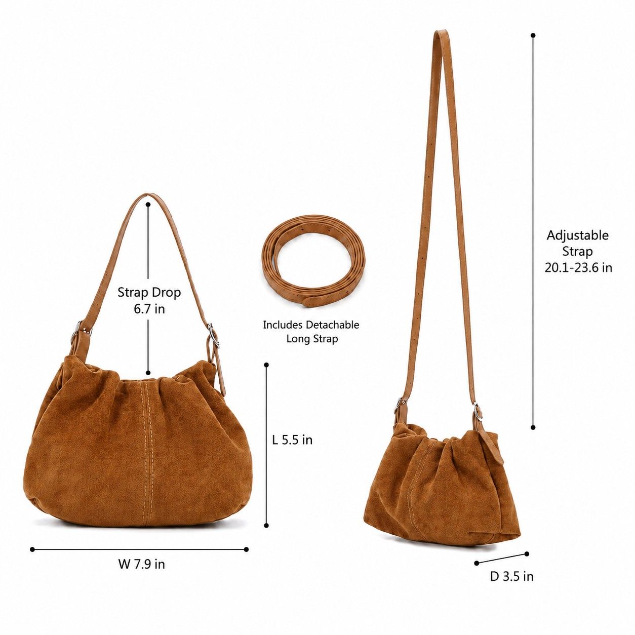 Faux Suede Hobo Shoulder Bag with Adjustable Strap Magnetic Closure and Interior Pocket