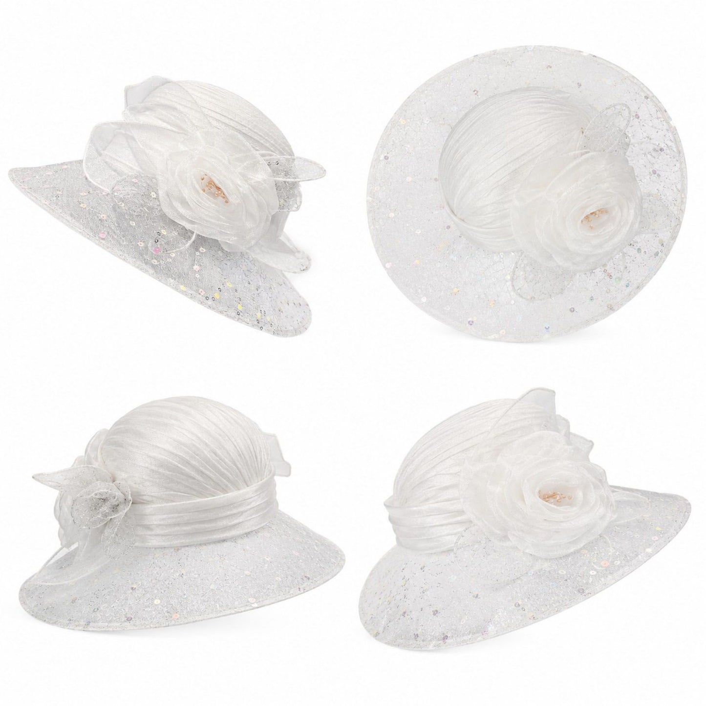 Wide Brim Floral Sun Hat with Sequin Mesh and Rose Accent