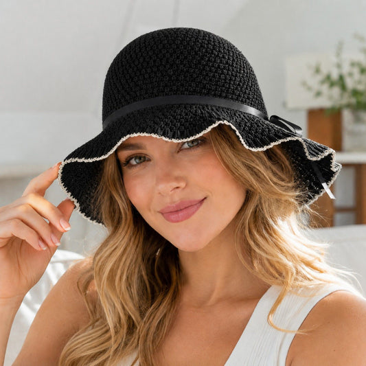 Woven Bucket Hat with Scalloped Brim Ribbon Band and Bow Tie Accent