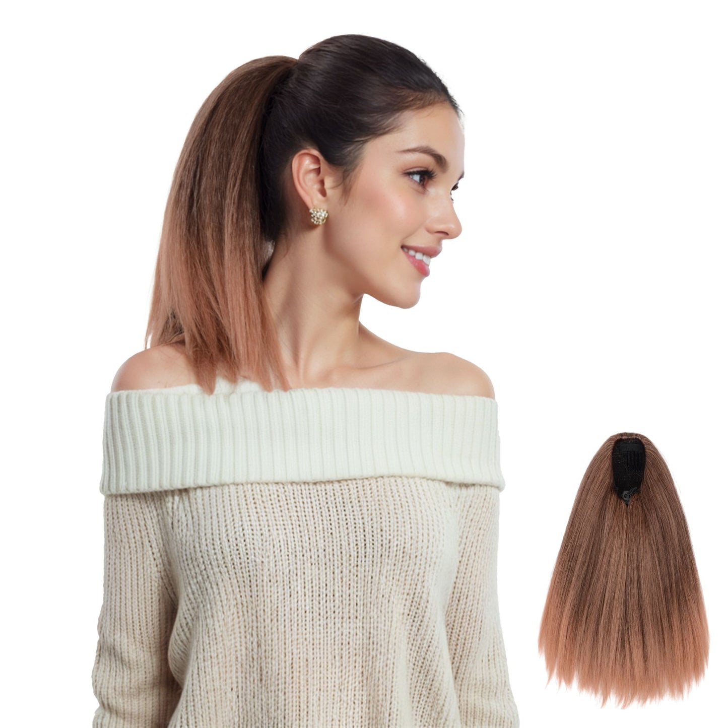 12-Inch Yaki Straight Ponytail Extension Fluffy Thick Drawstring Synthetic Hairpiece with Adjustable Clips