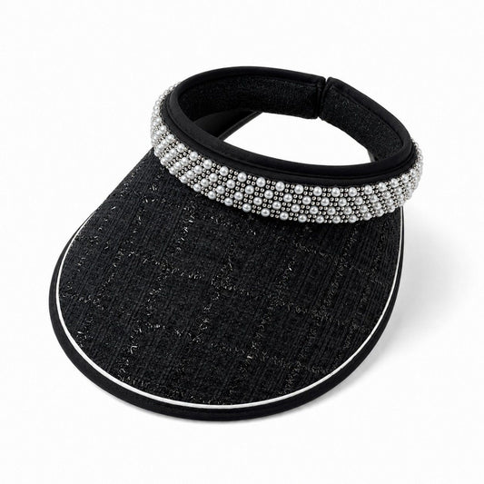 Wide Brim Visor Hat with Faux Pearl Embellished Band and Open Top Design