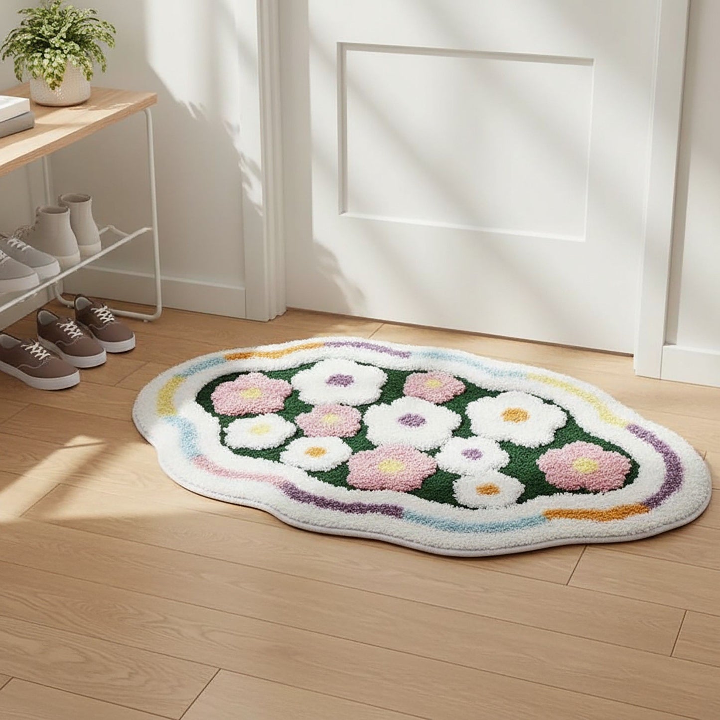 Tufted Floor Mat with Happy Text and Floral Pattern Non Slip Backing Soft Plush Decorative Scalloped Edge Indoor Rug