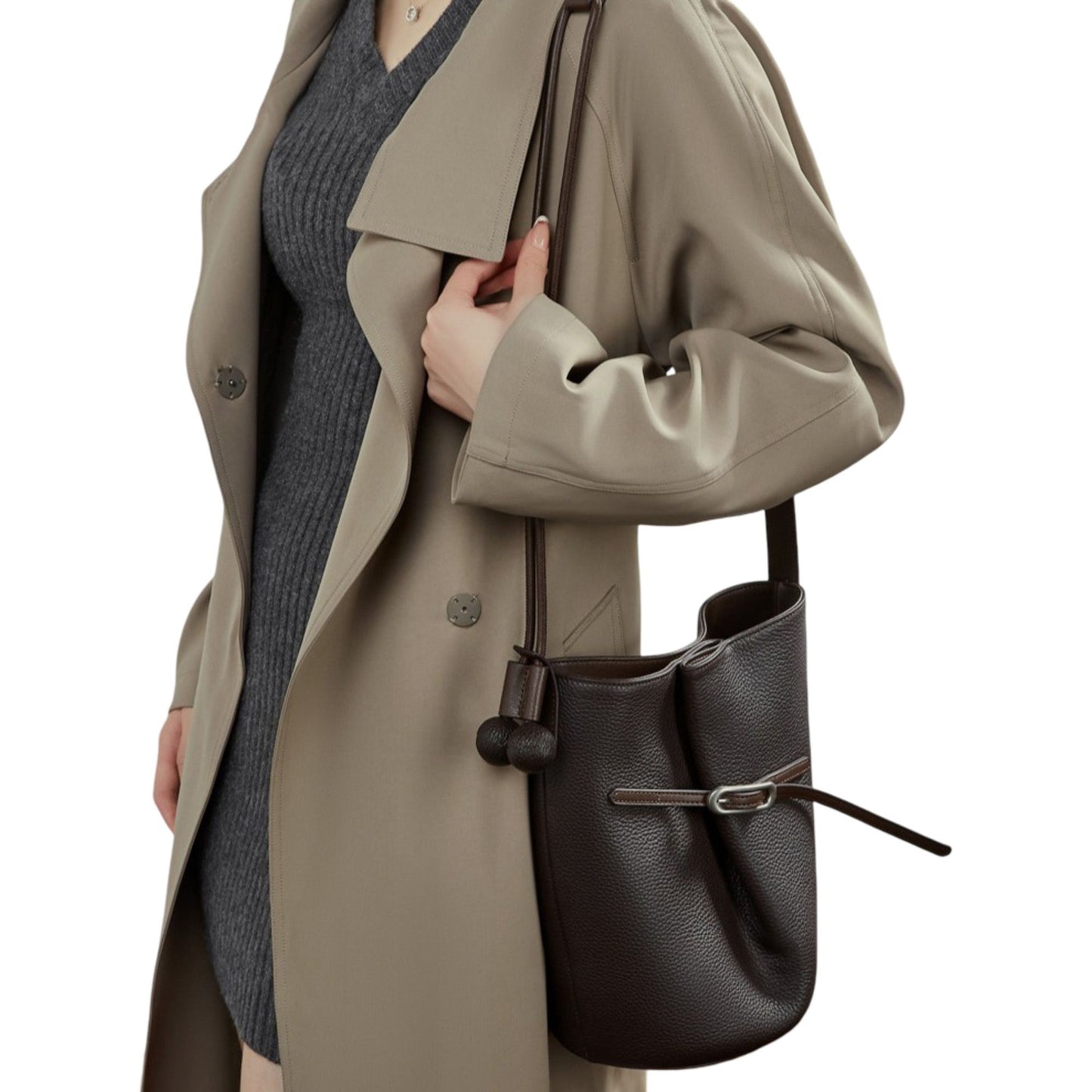 Pebbled Leather Bucket Shoulder Tote with Adjustable Buckle Accent and Open Top Design