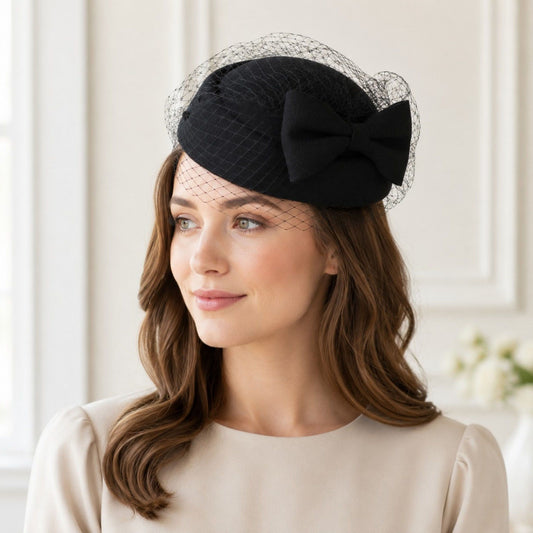 Bow Pillbox Fascinator Hat with Birdcage Veil