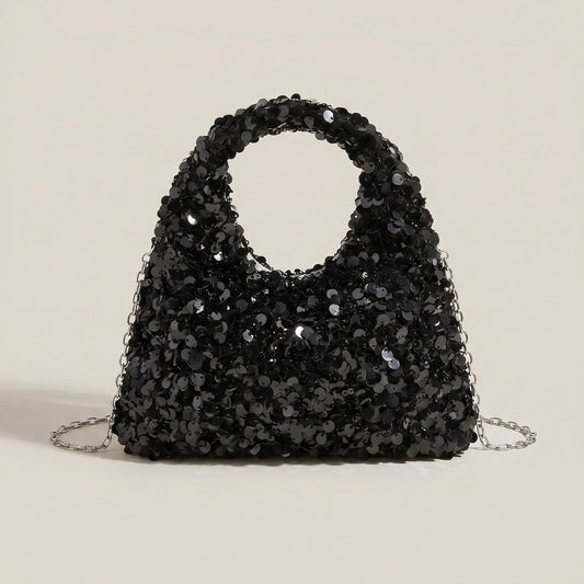 Sequin Top Handle Mini Bag with Round Cutout Handle and Chain Strap
