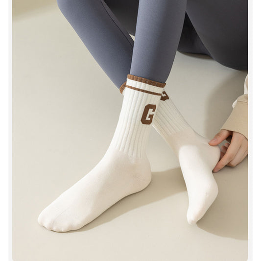 4-Pair Pack Ribbed Cotton Crew Socks with Striped Cuffs and G Letter Detail in Neutral Athletic Color Combinations