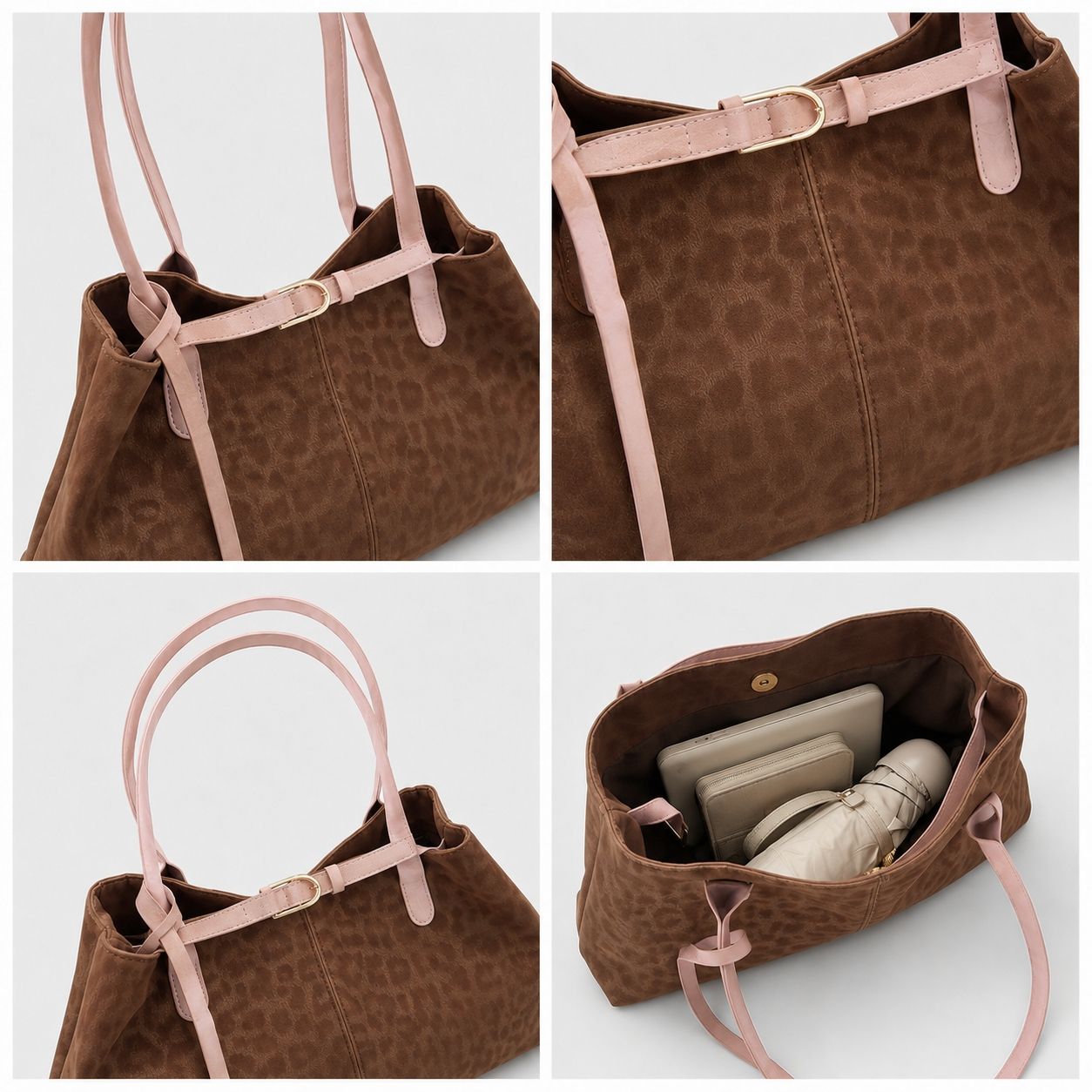 Leopard Print Shoulder Tote Bag with Magnetic Closure Buckle Detail and Tassel