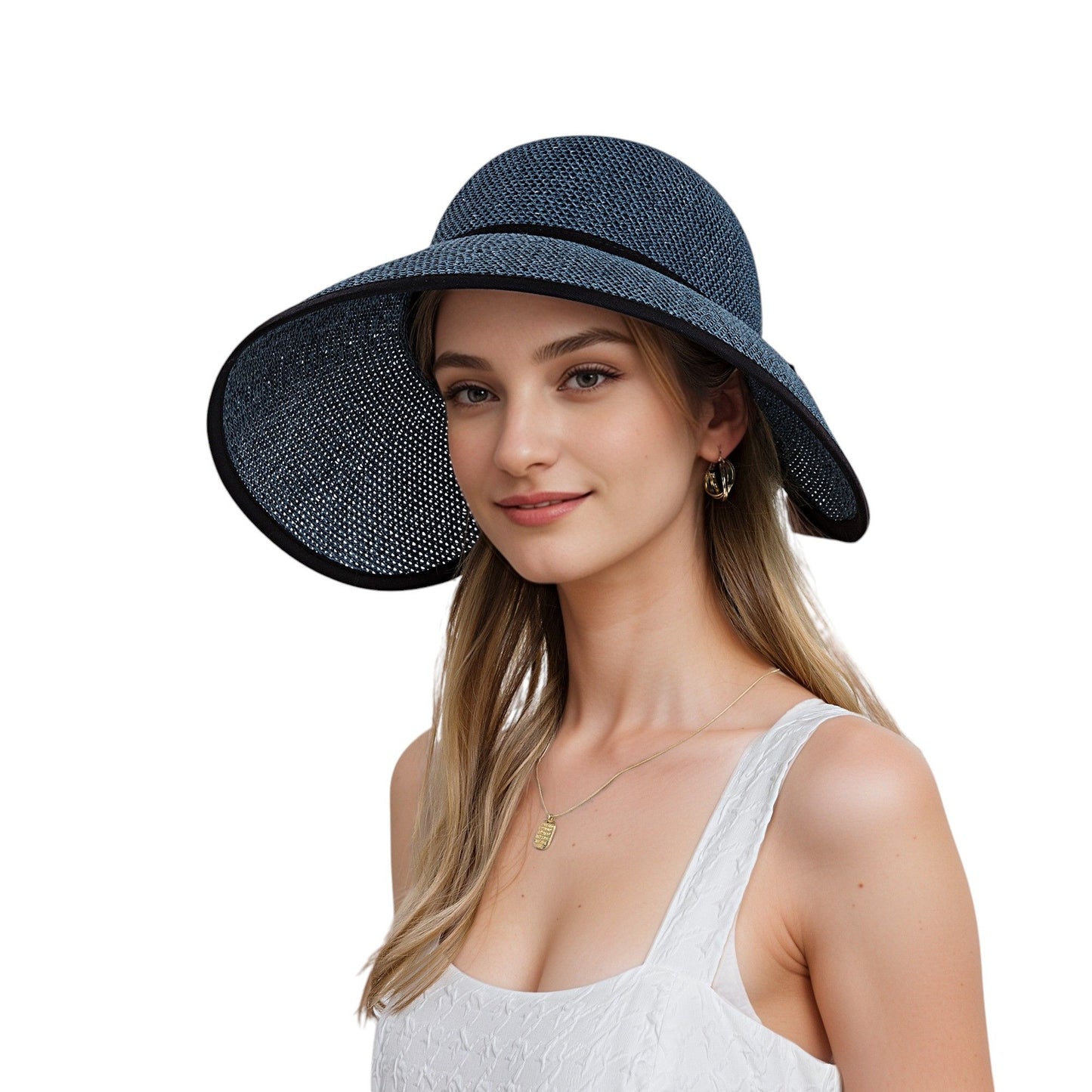 Womens Roll Up Straw Sun Visor Wide Brim Bow Detail Adjustable UV Protection Packable Summer Hat