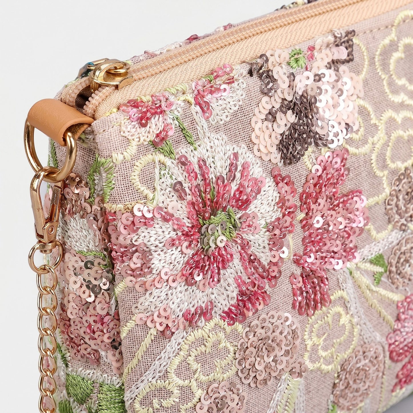 Floral Embroidered Sequin Shoulder Bag with Chain Strap Curved Silhouette