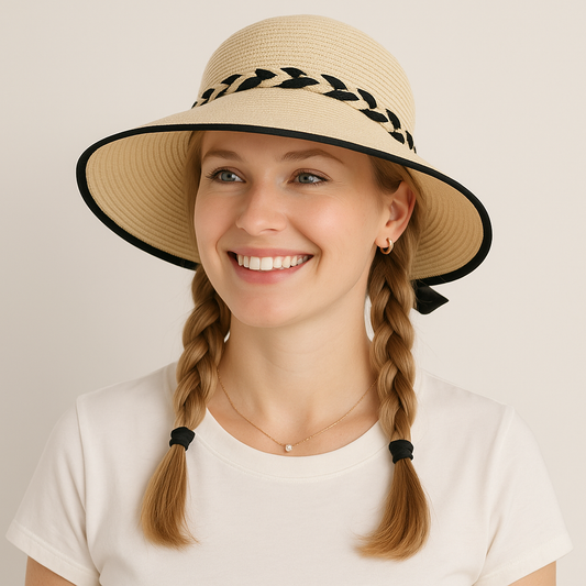 Women's Wide Brim Straw Hat with Braided Band and Contrast Bow Detail