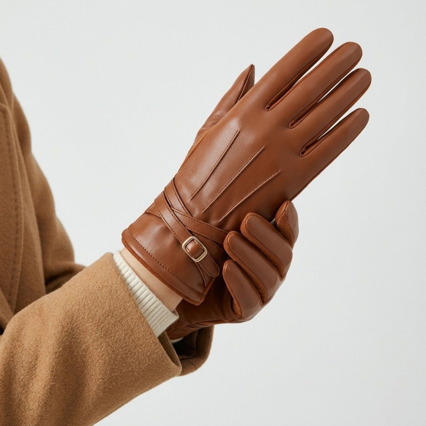 Faux Leather Winter Gloves with Crisscross Wrist Strap and Full Finger Design 9.4 x 3.3in