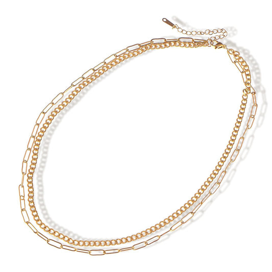 Women's Stainless Steel Double Chain Necklace with 18K Gold Plating, Adjustable Length, Modern and Versatile Design
