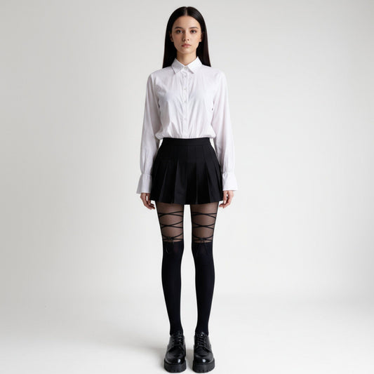 2pcs Women's Sheer Tights with Crisscross Lace-Up Detail and Opaque Lower Leg Design
