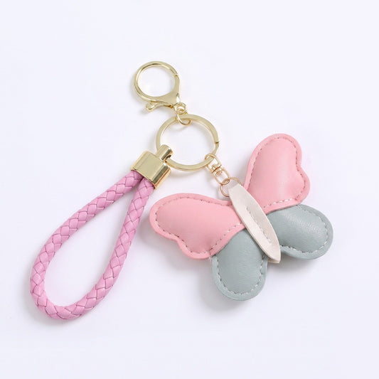 2-Piece Womens Faux Leather Bag Charm Keychain with Braided Wrist Strap and Gold Tone Ring