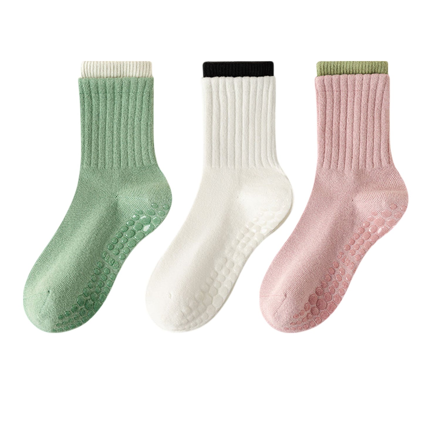 Womens Non-Slip Grip Crew Socks 3 Pair Pack Custom Color Combos Soft Ribbed Cotton with 3D Silicone Heel