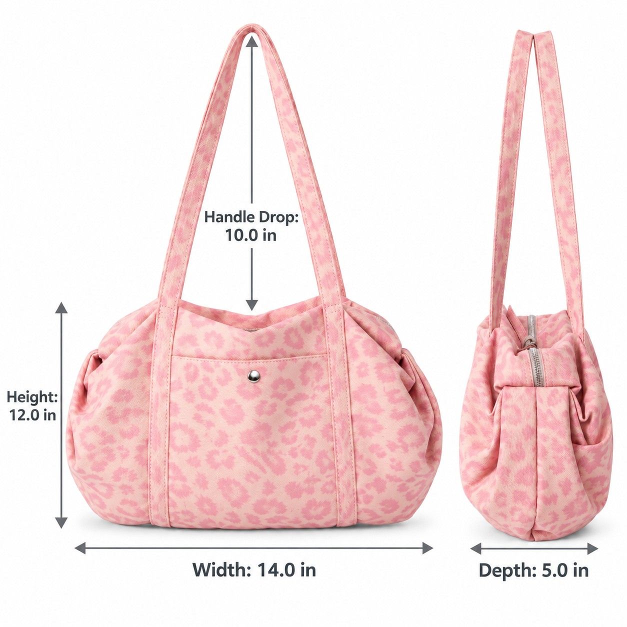 Leopard Print Barrel Shoulder Bag with Zip Closure and Interior Pockets