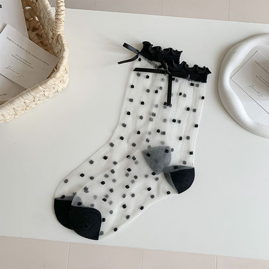 Sheer Polka Dot Ankle Socks with Bow Detail 6pk