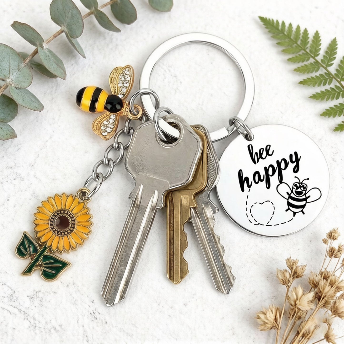 2 Pack Bee Happy Sunflower Keychain with Bee Charm Round Tag and Key Ring Bag Accessory