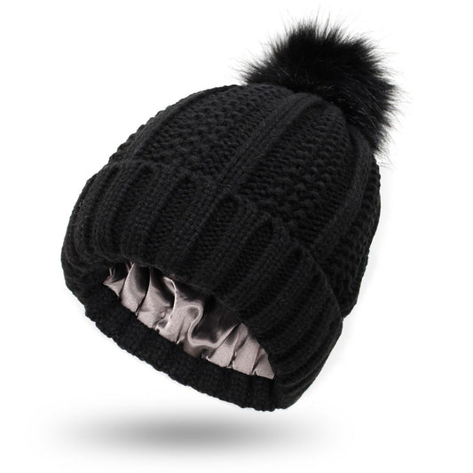 Soft Knit Winter Beanie Hat with Satin-Lined Interior Ribbed Texture and Fluffy Pom Detail
