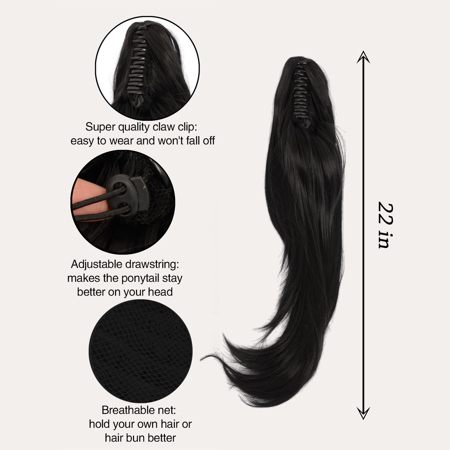 22-Inch Layered Claw Clip Ponytail Extension with Adjustable Drawstring and Breathable Net