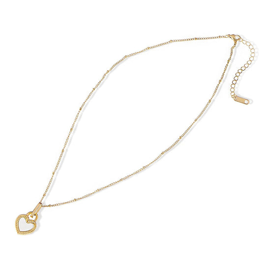 Women's Stainless Steel Necklace with 18K Gold Plated Heart Lock Pendant, Mother of Pearl Inlay, Adjustable Chain, Unique Design