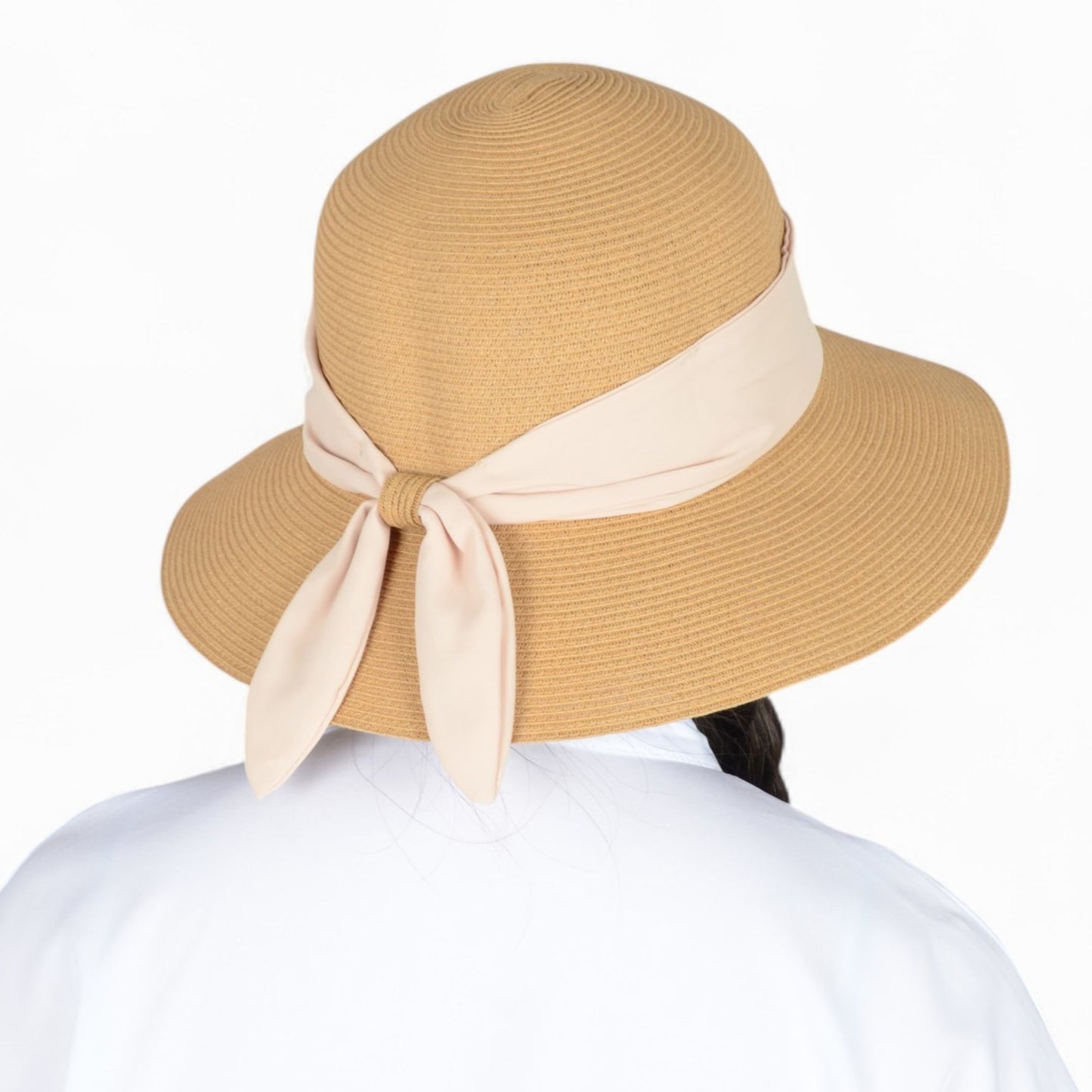 Women's Woven Floppy Sun Hat with Wide Ribbon Knot Detail and Curved Brim