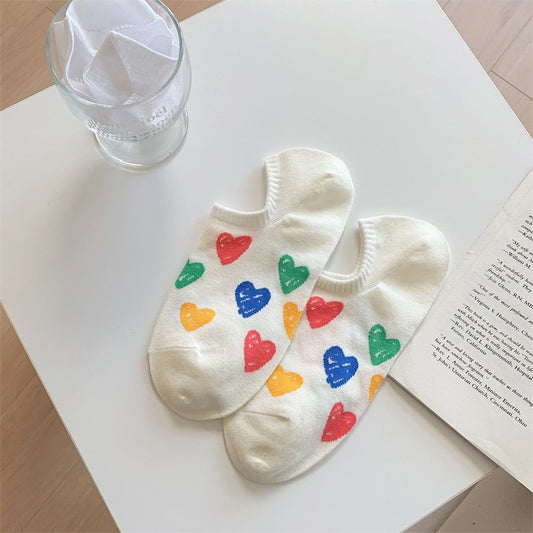 Summer Colorful Heart-Printed No-Show Socks 6pk