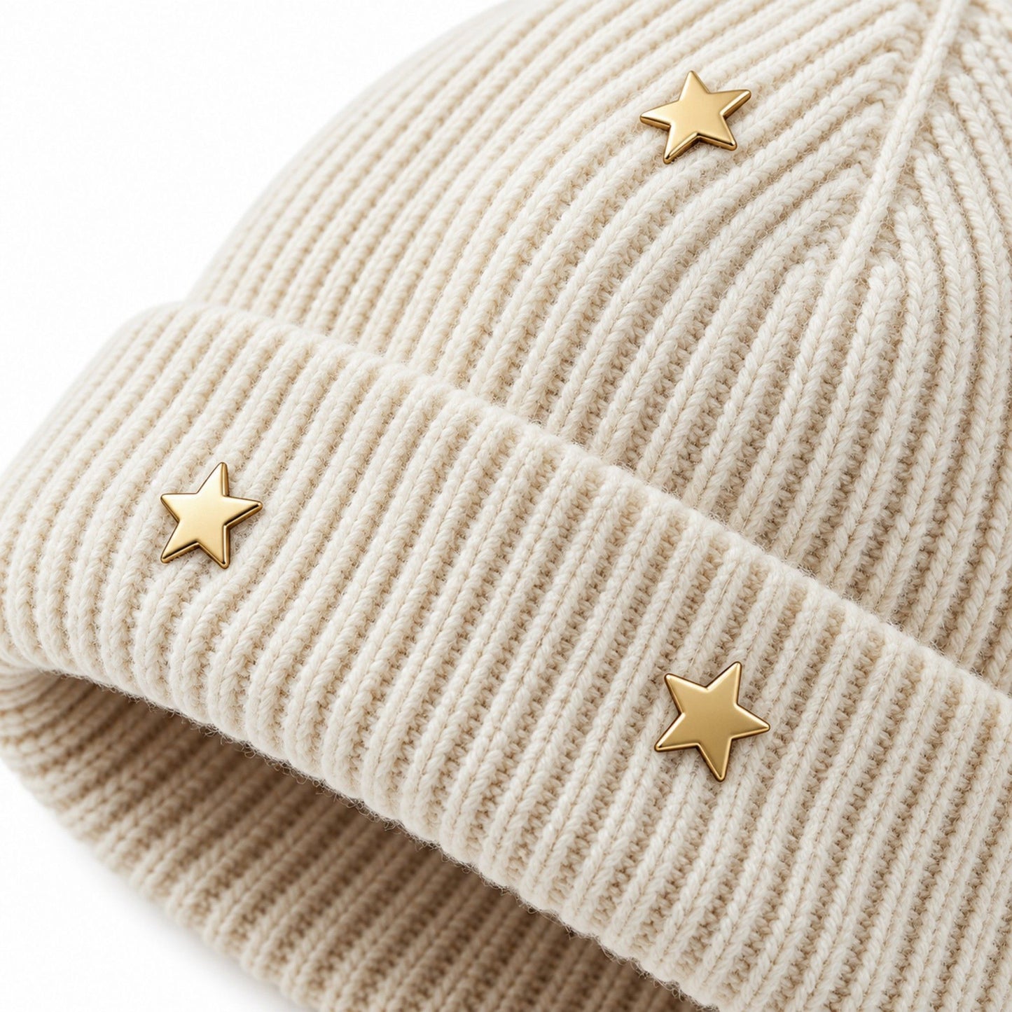 Star Stud Ribbed Knit Beanie Cuffed Winter Hat