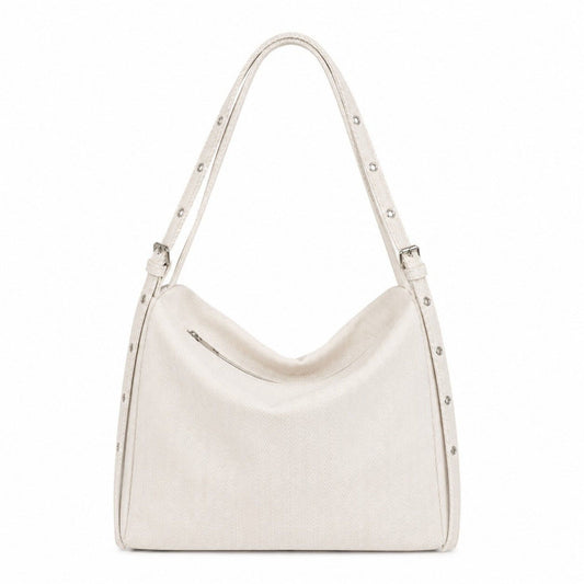 Herringbone Tote Bag with Adjustable Strap and Rivet Detail