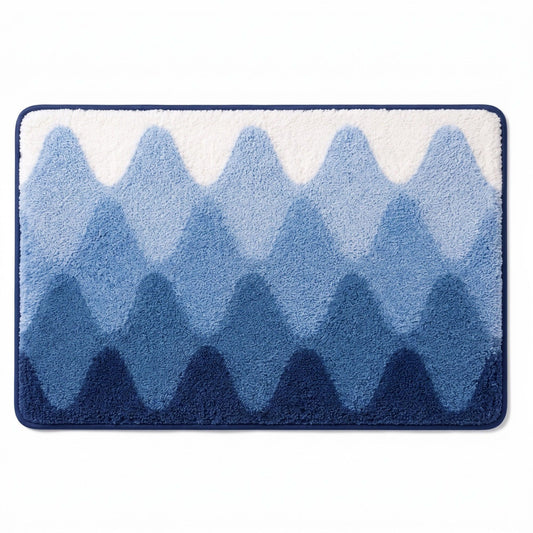 Blue Ombre Abstract Wave Plush Bathroom Mat with Soft Tufted Surface and Bound Edges