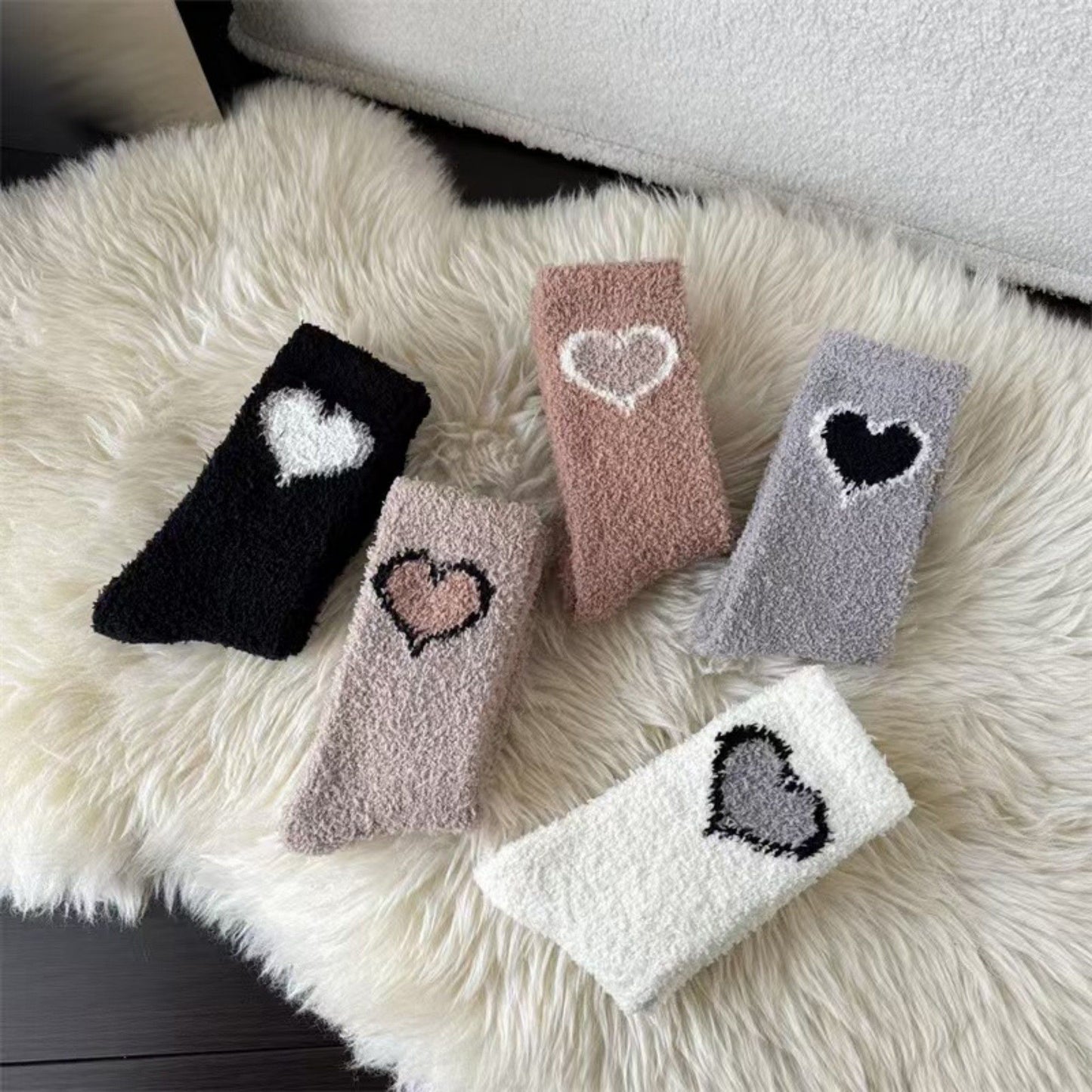 3-Pair Fuzzy Valentine Heart Knit Crew Socks Set with Soft Plush Texture, Stretchy Cozy Fabric, and Cute Heart Accent for Gifting