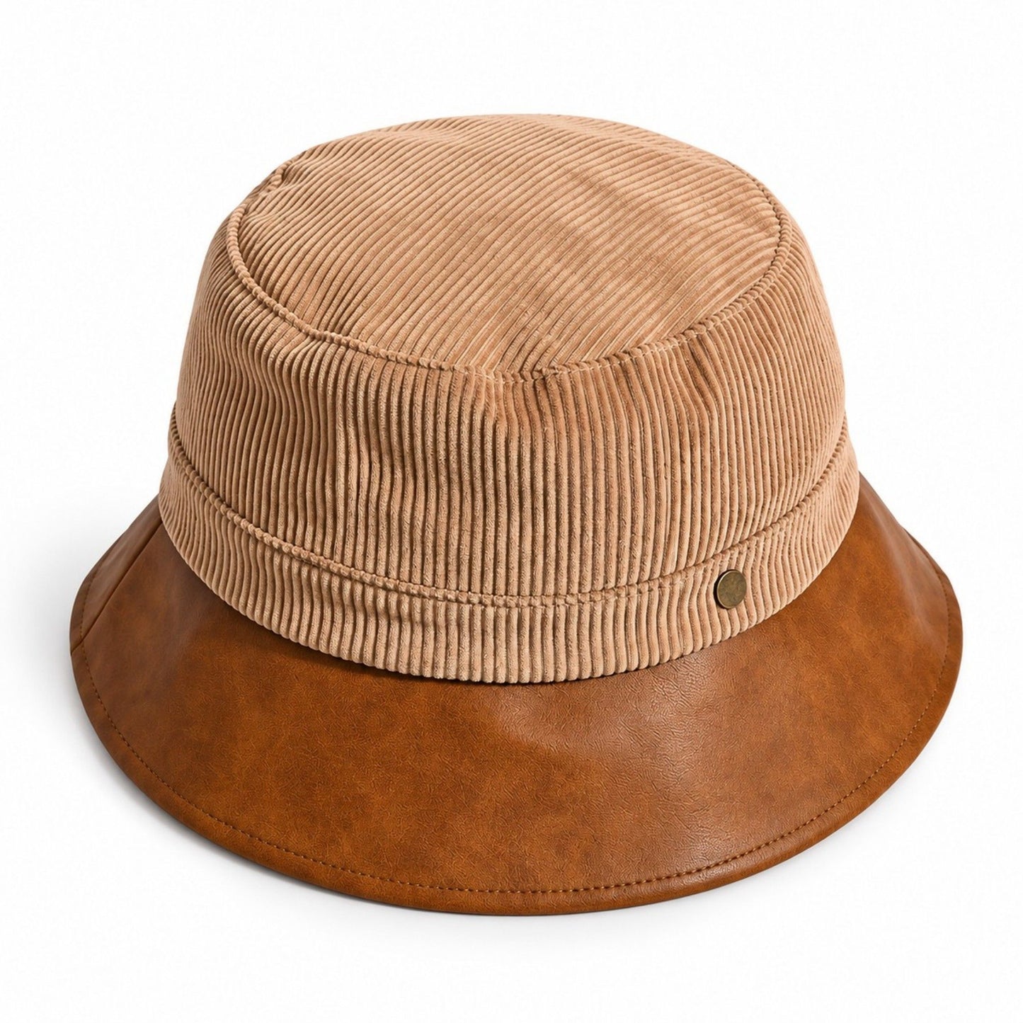 Corduroy Bucket Hat with Leather Look Brim Adjustable Fit