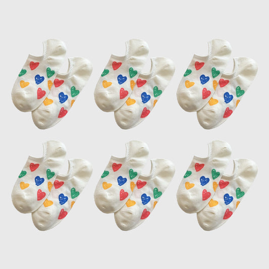 Summer Colorful Heart-Printed No-Show Socks 6pk